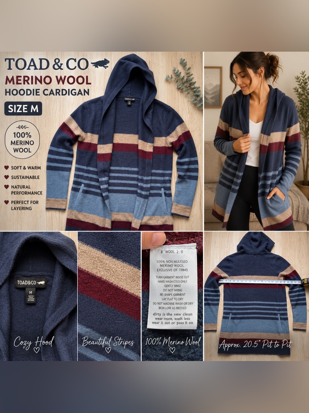 Toad & Co Merino Wool Hoodie Cardigan Medium Striped Open Front Cozy Boho